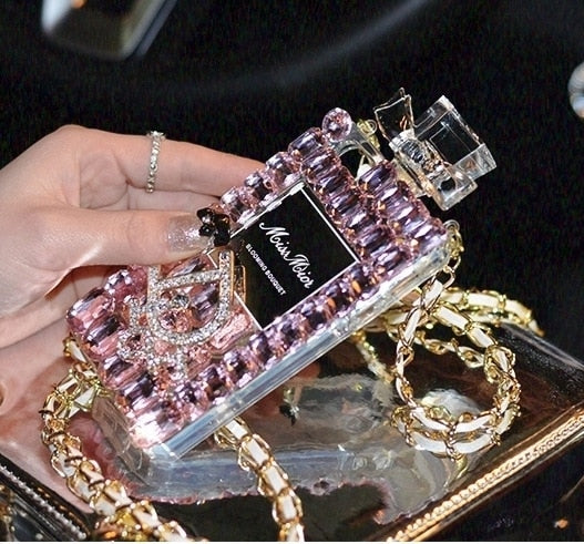 Bling Perfume Bottle Phone Case With Chain - Fits iPhone 13 Pro